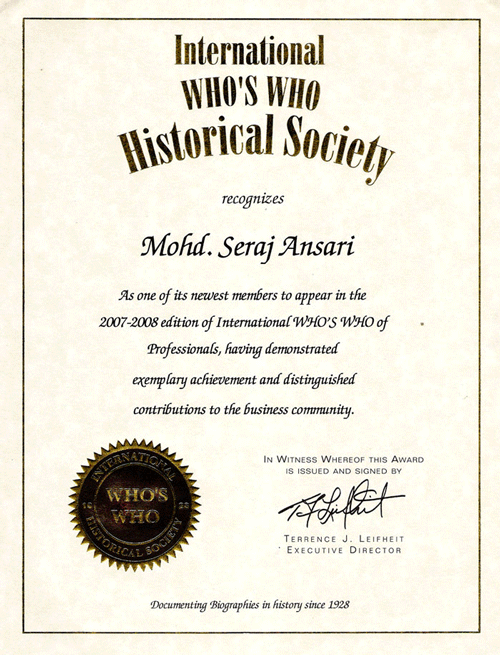 International Who's Who Historical Society 's Certificate